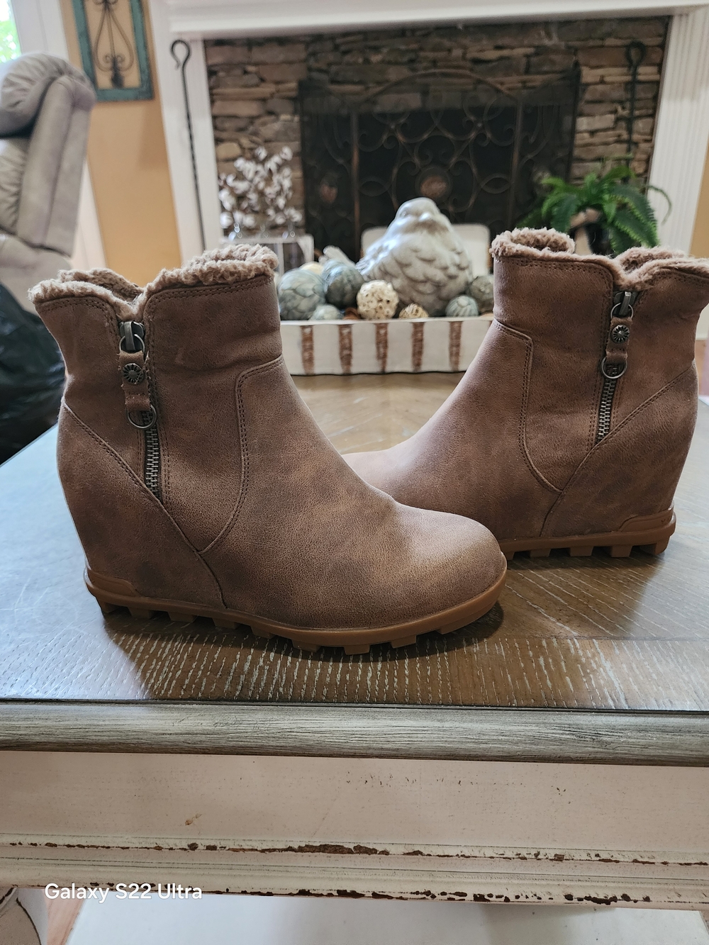 Yellow Box Brown Faux-Suede Wedge Ankle Boots with Faux-Fur Trim
